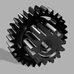 May include: Two interlocking black gears with sharp teeth, set against a gray background. The gears are rendered with highlights, suggesting a metallic or plastic material. The image is a technical illustration.