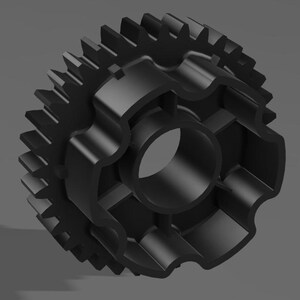 May include: A black gear with a central cylindrical hole and surrounding teeth. The gear has a complex, three-dimensional design, with a series of curved and angular features. The gear is made of a solid, opaque material.