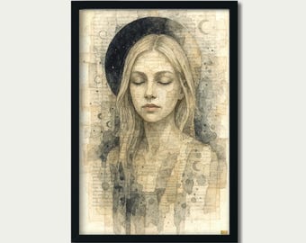 New Moon Rising – Ethereal Moon Phase Portrait | Watercolor Spiritual Digital Download | Feminine Print | Mystic Art | Moonbound Series