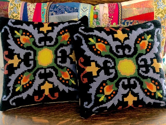 Sale Vintage Needlepoint Pillow Pair Handmade Boho Chic Etsy