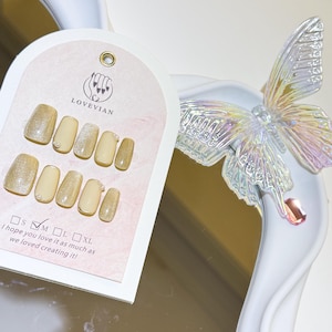 Short Square Press On Nails | Minimalist Pearl Nails | Yellow Glitter Office Wear Reusable Fake Nails