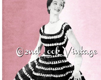 Vintage Crochet Pattern 1950s Off Shoulder Dress Blouse Circle Skirt Peasant Patio Digital Download PDF