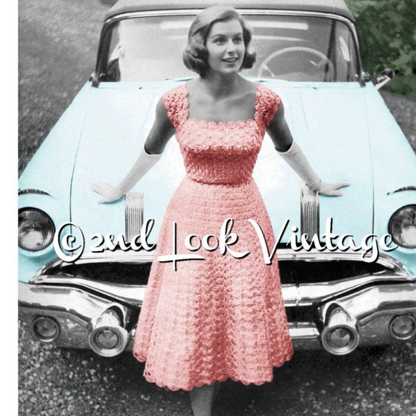 Vintage Crochet Pattern 1950s Lacy Evening Dress Circle Skirt Digital Download PDF