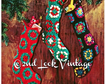 Vintage Crochet Pattern Granny Square Christmas Stocking Pattern 1970s Digital Download PDF