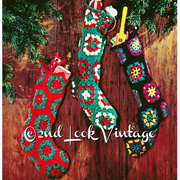 Vintage Crochet Pattern Granny Square Christmas Stocking Pattern 1970s Digital Download PDF