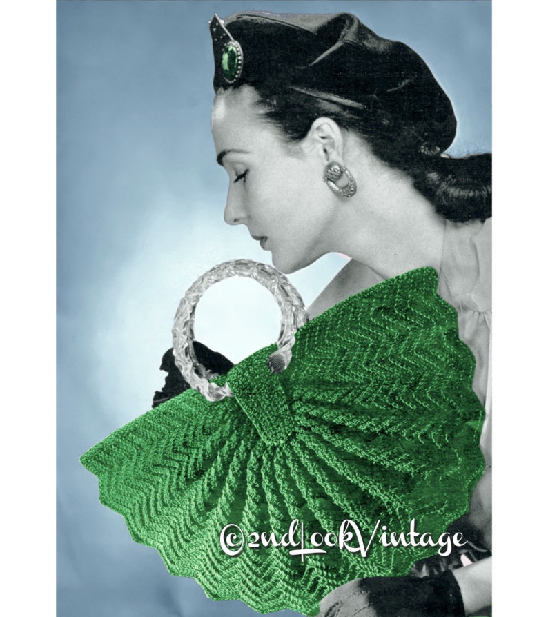 1940's Crocheted Handbag.
Pleated crochet purse. Lucite Handles. Digital instant download pattern.