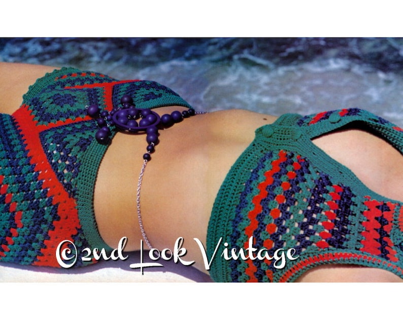 Vintage Crochet Pattern Granny Square Bikini Crop Top Hip image 0