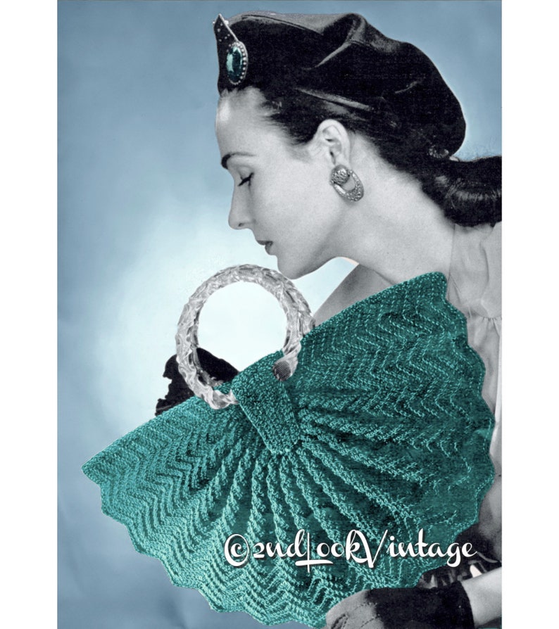 Vintage Crochet Pattern 1940s Half Moon Fan Purse Handbag Digital Download PDF image 5