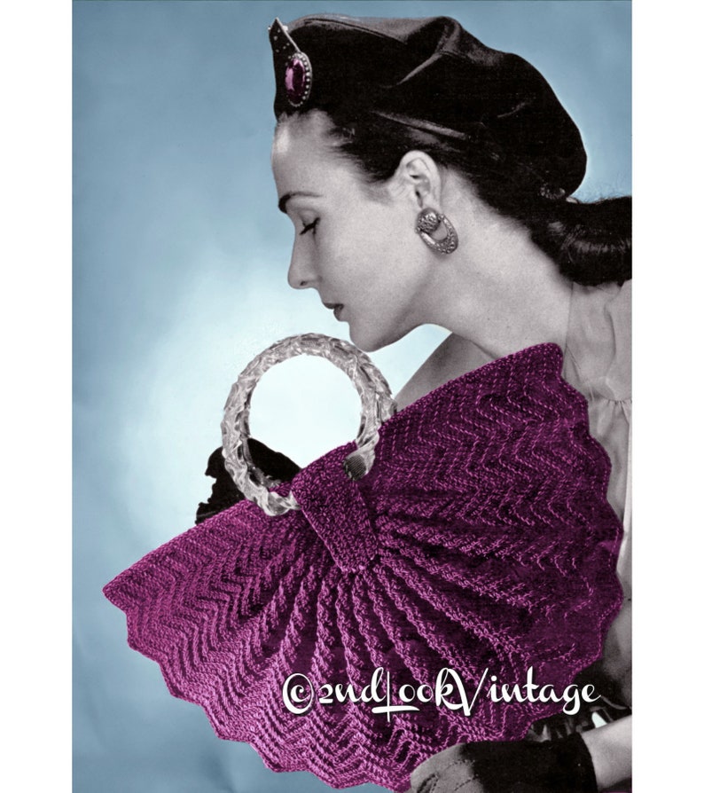 Vintage Crochet Pattern 1940s Half Moon Fan Purse Handbag Digital Download PDF image 4