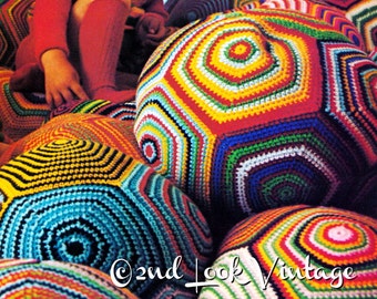 Vintage Crochet Pattern Giant Pillow Ball Pouf Floor Cushion Granny Square Digital Download