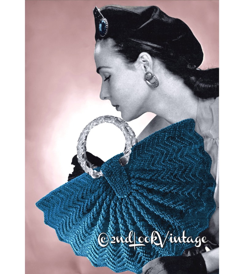 Vintage Crochet Pattern 1940s Half Moon Fan Purse Handbag Digital Download PDF image 1