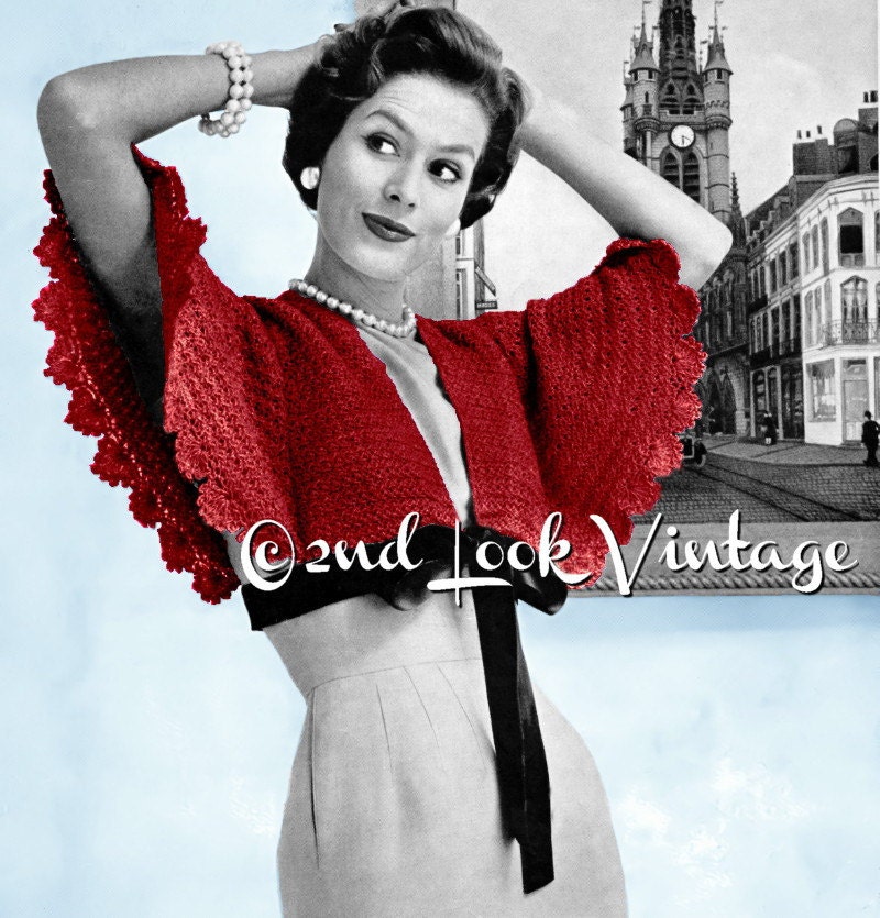 Vintage Crochet Pattern 1950s Cape Sleeve Bolero Shrug Digital