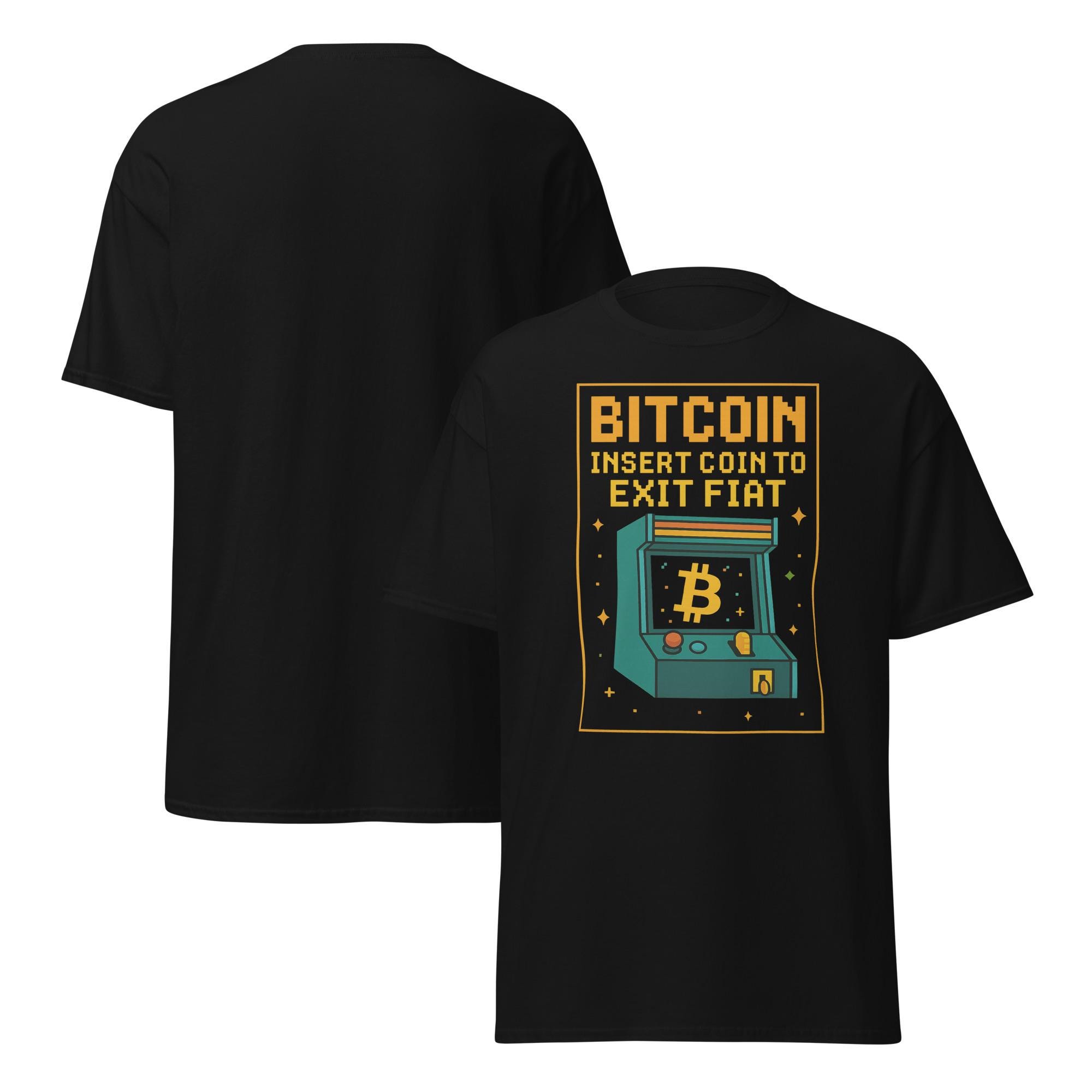 コインを挿入してフィアットから出金できるビットコインTシャツ - BTCファンのためのレトロアーケードスタイルのメンズ暗号通貨Tシャツ