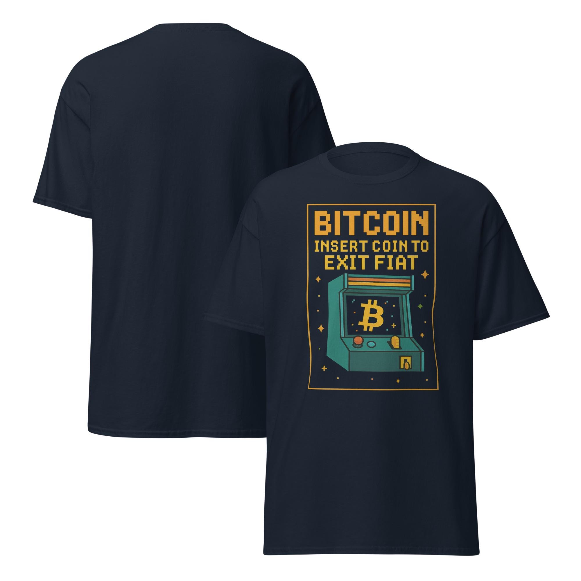 コインを挿入してフィアットから出金できるビットコインTシャツ - BTCファンのためのレトロアーケードスタイルのメンズ暗号通貨Tシャツ