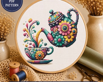 Colorful Floral Teapot Cross Stitch Pattern (PDF, SVG) – Modern Embroidery Design