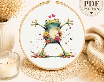 Funny Floral Frog Cross Stitch Pattern PDF, Whimsical Cottagecore Embroidery, Spring Decor Instant Download