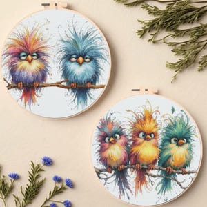 Whimsical Colorful Birds Cross Stitch Pattern | Funny Cute Bird Embroidery Design | Modern Digital Download PDF