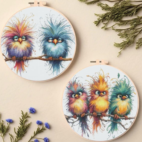 Whimsical Birds Cross Stitch Pattern: Funny Colorful Embroidery (PDF Download)