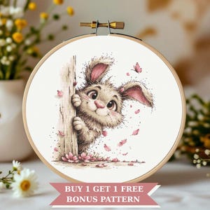 Baby Bunny Cross Stitch Pattern: Peeking Rabbit, Spring Floral Embroidery (PDF SVG Bundle)