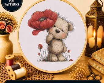 Teddy Bear Poppy Cross Stitch Pattern: Floral Nursery Embroidery (PDF SVG)