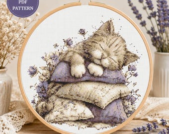 Sleeping Cat Cross Stitch Pattern, Cozy Kitten Embroidery Design, Pastel Floral (PDF SVG)