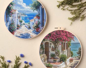 Mediterranean Seaside Cross Stitch Pattern, Coastal Embroidery (PDF SVG Bundle)