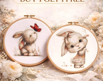 Bunny Cross Stitch Pattern Bundle, Kawaii Rabbit Nursery Design, Pastel Woodland Embroidery