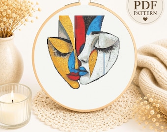 Abstract Face Cross Stitch Pattern, Picasso Inspired Boho Wall Art (PDF Download)