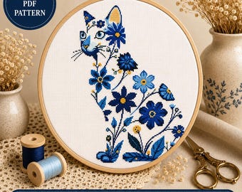 Blue Floral Cat Cross Stitch Pattern, Modern Needlepoint (Digital Download)