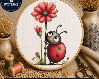 Ladybug Flower Cross Stitch Pattern: Kawaii Insect Embroidery Art (Instant Download)