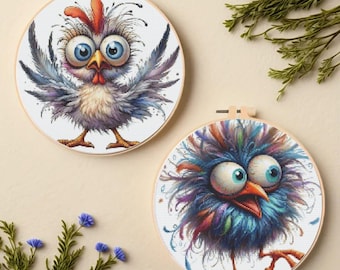 Lustiges Huhn Kreuzstichmuster Set: Verrückte Vogel Stickerei - PDF SVG ZIP Download
