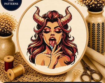 Devil Woman Cross Stitch Pattern, Gothic Demon Girl Embroidery, Dark Fantasy Succubus Art
