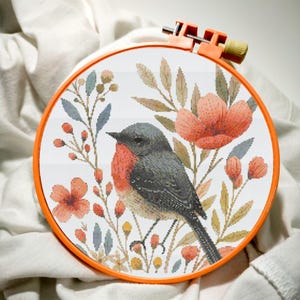 Robin Bird Cross Stitch Pattern: Floral Embroidery Design (PDF SVG Bundle, Instant Download)