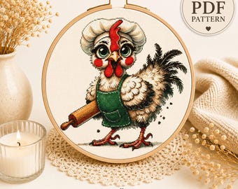 Funny Chef Chicken Cross Stitch Pattern | Farmhouse Embroidery (Digital Download)