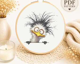 Funny Crazy Bird Cross Stitch Pattern, Whimsical Animal Embroidery (PDF Download)