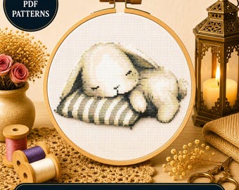 Sleeping Bunny Cross Stitch Pattern, Nursery Animal Embroidery Design (PDF Download)