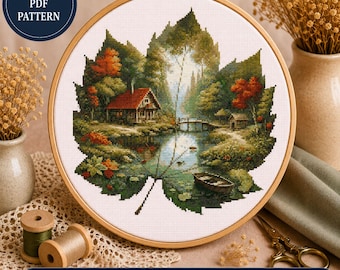 Autumn Forest Cabin Cross Stitch Pattern, Maple Leaf Landscape Embroidery Design (300x300 stitches)