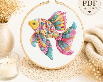 Colorful Tropical Fish Cross Stitch Pattern, Floral Ocean Embroidery (PDF Download)