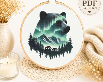 Bear Northern Lights Cross Stitch Pattern PDF, Wildlife Mountain Embroidery, Cabin Wall Decor Instant Download