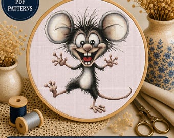 Funny Cartoon Mouse Cross Stitch Pattern, Kawaii Rodent Embroidery Art (Digital Download)