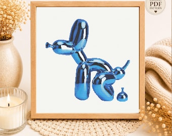 Blue Balloon Dog Cross Stitch Pattern, Modern Pop Art Embroidery (PDF Download)