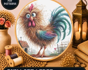 Crazy Chicken Cross Stitch Pattern: Funny Rooster Embroidery (PDF Download)