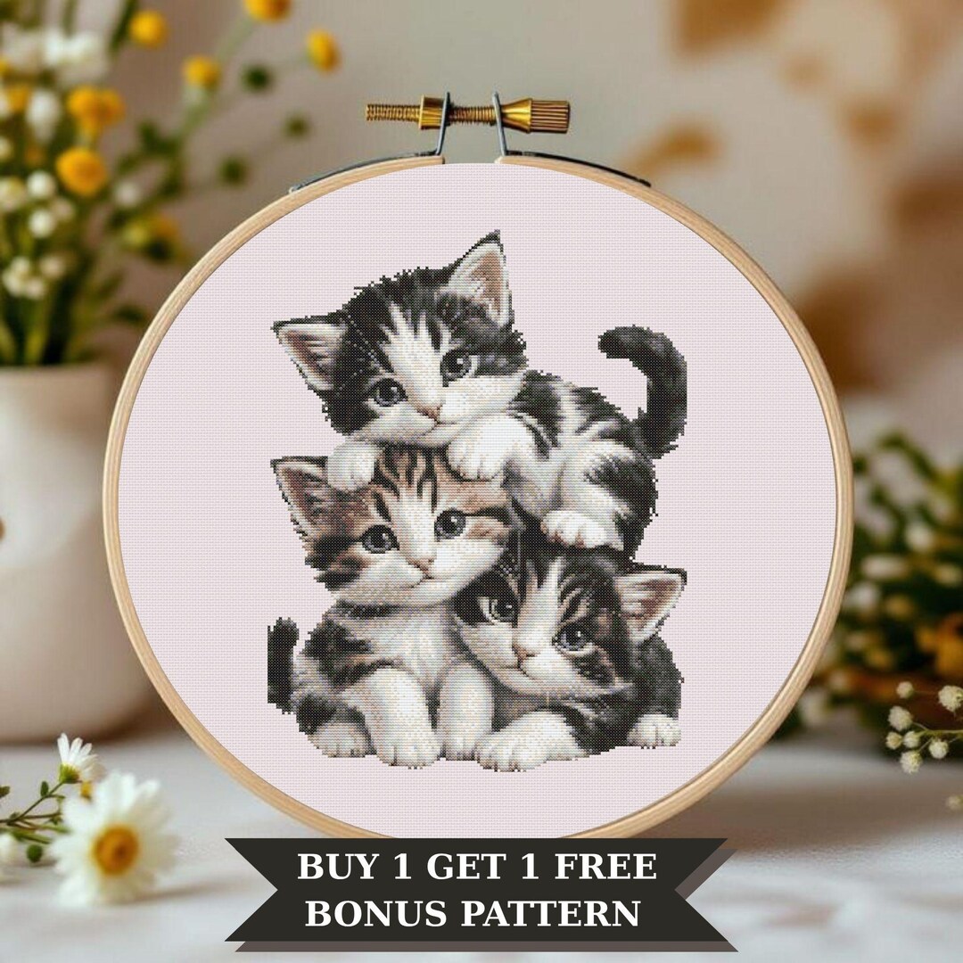 Three Kittens Stack Cross Stitch Pattern, Black White Cat Art, Animal ...