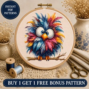 Colorful Owl Cross Stitch Pattern, Rainbow Feather Bird Art, Whimsical Animal Illustration (PDF SVG)
