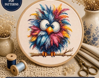 Colorful Owl Cross Stitch Pattern, Rainbow Feather Bird Art, Whimsical Animal Illustration (PDF SVG)