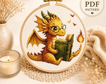 Reading Dragon Cross Stitch Pattern, Fantasy Book Lover Embroidery Design (PDF)