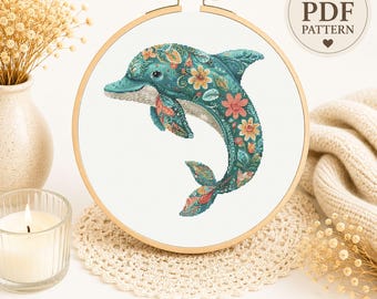 Floral Dolphin Cross Stitch Pattern PDF, Coastal Ocean Embroidery, Beach House Decor Instant Download