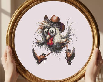 Funny Chicken Cross Stitch, Farm Animal Embroidery, Rustic PDF Design, Digital Download