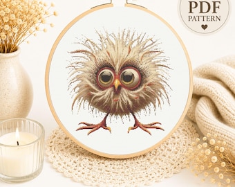 Funny Fluffy Owl Cross Stitch Pattern, Whimsical Woodland Bird Embroidery (PDF Download)