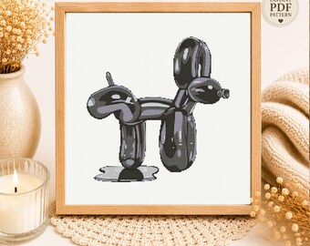 Black Balloon Dog Cross Stitch Pattern, Modern Pop Art Embroidery (PDF Download)